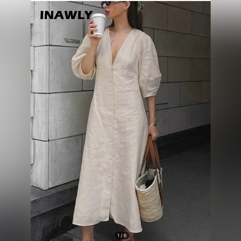 Cream Ruffled Buttoned Sundress with Puff Sleeves SHEIN